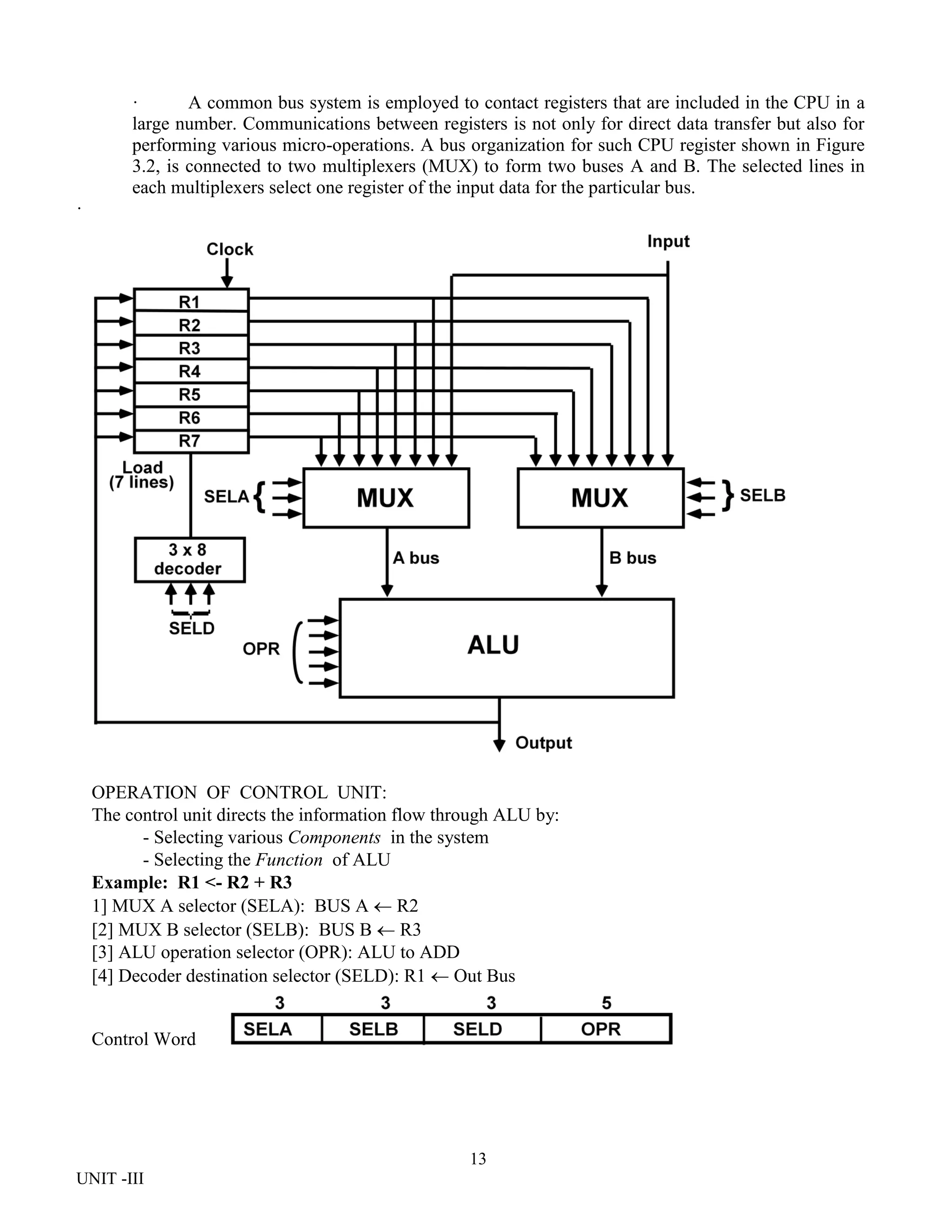 13
UNIT -III
· A common bus system is employed to contact registers that are included in the CPU in a
large number. Communications between registers is not only for direct data transfer but also for
performing various micro-operations. A bus organization for such CPU register shown in Figure
3.2, is connected to two multiplexers (MUX) to form two buses A and B. The selected lines in
each multiplexers select one register of the input data for the particular bus.
·
OPERATION OF CONTROL UNIT:
The control unit directs the information flow through ALU by:
- Selecting various Components in the system
- Selecting the Function of ALU
Example: R1 <- R2 + R3
1] MUX A selector (SELA): BUS A  R2
[2] MUX B selector (SELB): BUS B  R3
[3] ALU operation selector (OPR): ALU to ADD
[4] Decoder destination selector (SELD): R1  Out Bus
Control Word
 