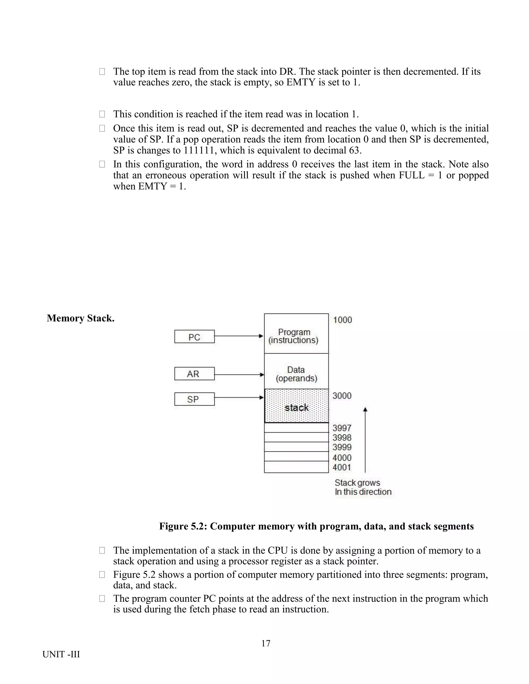 17
UNIT -III
 The top item is read from the stack into DR. The stack pointer is then decremented. If its
value reaches zero, the stack is empty, so EMTY is set to 1.
 This condition is reached if the item read was in location 1.
 Once this item is read out, SP is decremented and reaches the value 0, which is the initial
value of SP. If a pop operation reads the item from location 0 and then SP is decremented,
SP is changes to 111111, which is equivalent to decimal 63.
 In this configuration, the word in address 0 receives the last item in the stack. Note also
that an erroneous operation will result if the stack is pushed when FULL = 1 or popped
when EMTY = 1.
Memory Stack.
Figure 5.2: Computer memory with program, data, and stack segments
 The implementation of a stack in the CPU is done by assigning a portion of memory to a
stack operation and using a processor register as a stack pointer.
 Figure 5.2 shows a portion of computer memory partitioned into three segments: program,
data, and stack.
 The program counter PC points at the address of the next instruction in the program which
is used during the fetch phase to read an instruction.
 