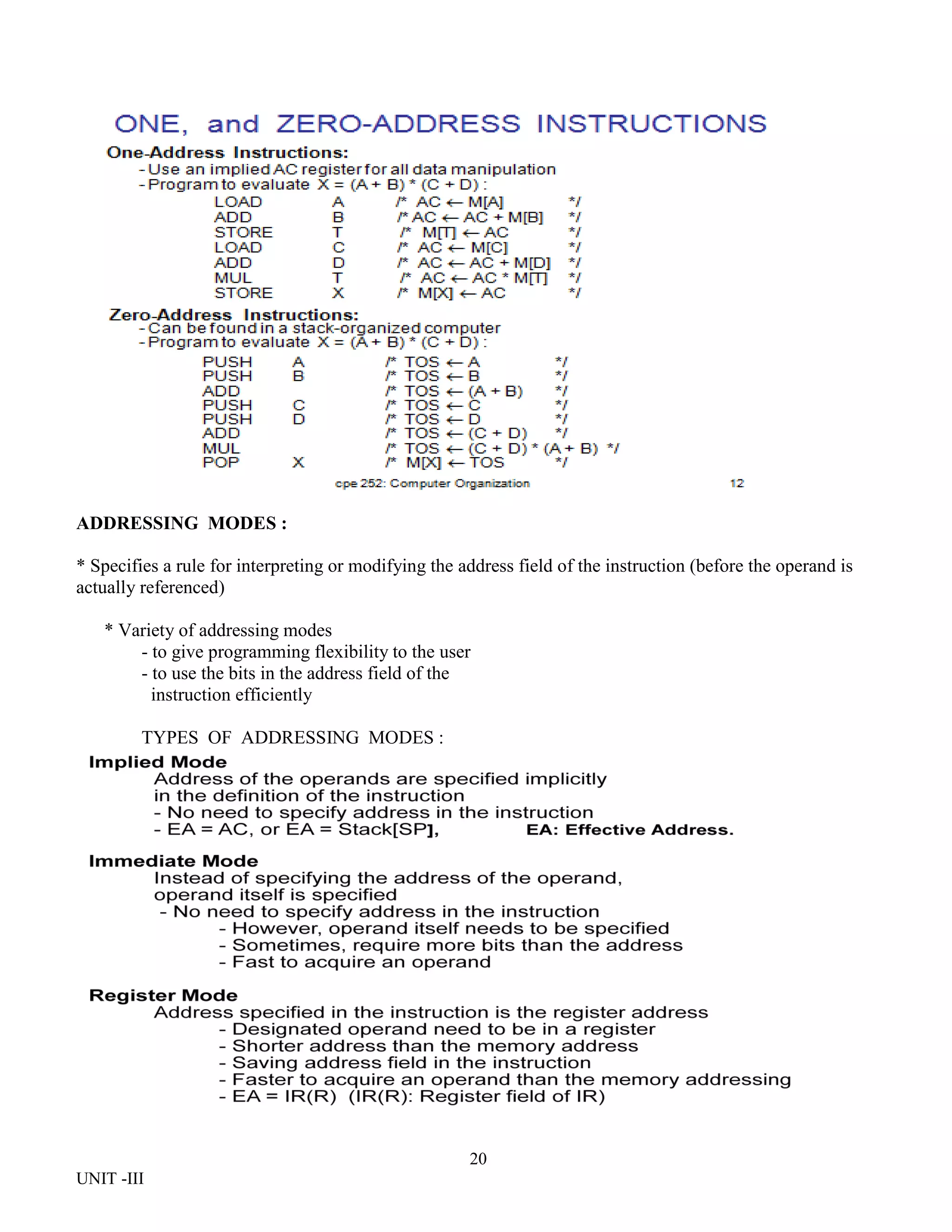 20
UNIT -III
ADDRESSING MODES :
* Specifies a rule for interpreting or modifying the address field of the instruction (before the operand is
actually referenced)
* Variety of addressing modes
- to give programming flexibility to the user
- to use the bits in the address field of the
instruction efficiently
TYPES OF ADDRESSING MODES :
 
