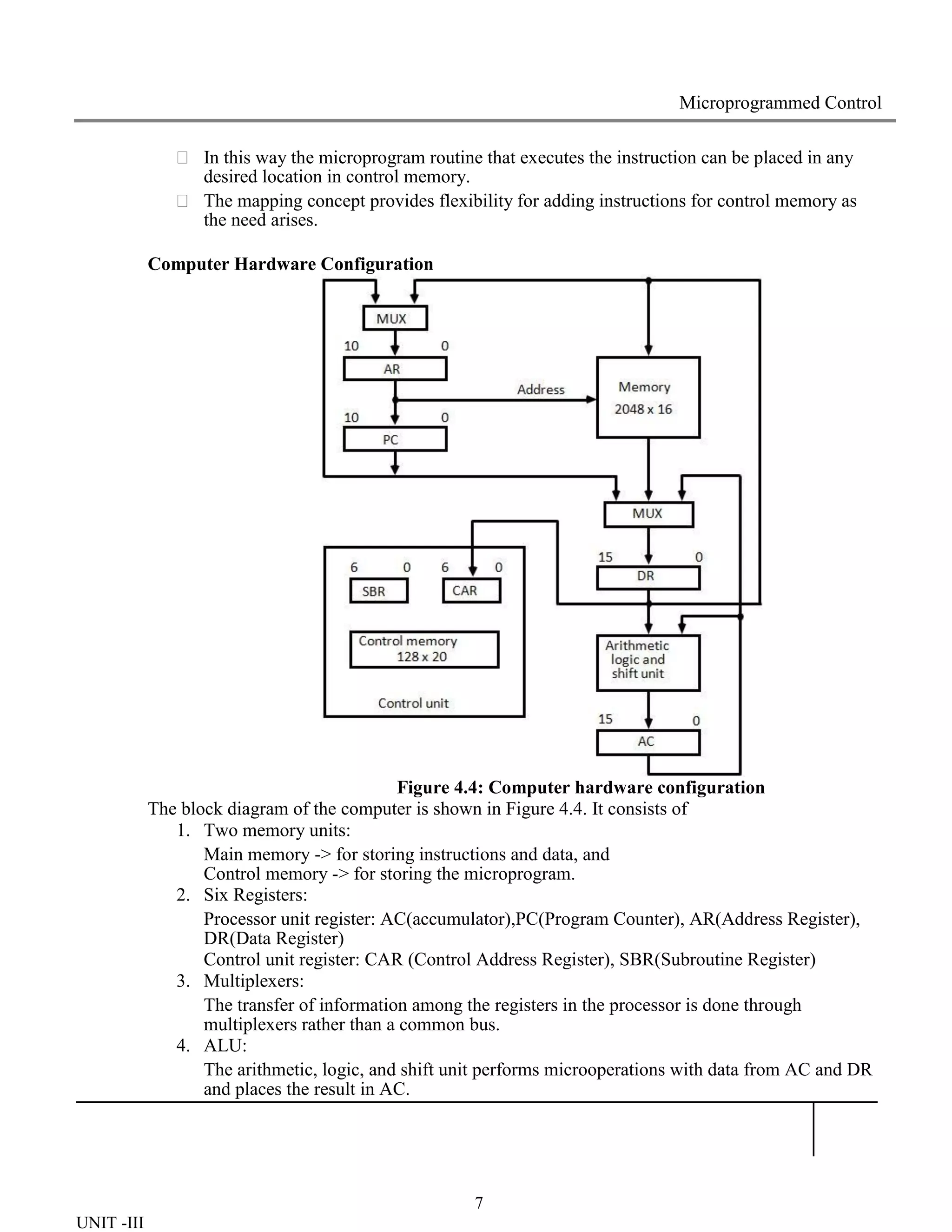 7
UNIT -III
Microprogrammed Control
 In this way the microprogram routine that executes the instruction can be placed in any
desired location in control memory.
 The mapping concept provides flexibility for adding instructions for control memory as
the need arises.
Computer Hardware Configuration
Figure 4.4: Computer hardware configuration
The block diagram of the computer is shown in Figure 4.4. It consists of
1. Two memory units:
Main memory -> for storing instructions and data, and
Control memory -> for storing the microprogram.
2. Six Registers:
Processor unit register: AC(accumulator),PC(Program Counter), AR(Address Register),
DR(Data Register)
Control unit register: CAR (Control Address Register), SBR(Subroutine Register)
3. Multiplexers:
The transfer of information among the registers in the processor is done through
multiplexers rather than a common bus.
4. ALU:
The arithmetic, logic, and shift unit performs microoperations with data from AC and DR
and places the result in AC.
 