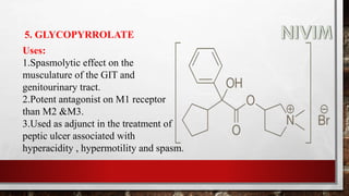 5. GLYCOPYRROLATE
Uses:
1.Spasmolytic effect on the
musculature of the GIT and
genitourinary tract.
2.Potent antagonist on M1 receptor
than M2 &M3.
3.Used as adjunct in the treatment of
peptic ulcer associated with
hyperacidity , hypermotility and spasm.
 