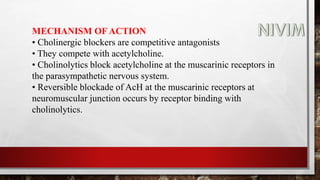 MECHANISM OF ACTION
• Cholinergic blockers are competitive antagonists
• They compete with acetylcholine.
• Cholinolytics block acetylcholine at the muscarinic receptors in
the parasympathetic nervous system.
• Reversible blockade of AcH at the muscarinic receptors at
neuromuscular junction occurs by receptor binding with
cholinolytics.
 