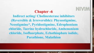 Chapter -6
Indirect acting/ Cholinesterase inhibitors
(Reversible & Irreversible): Physostigmine,
Neostigmine*, Pyridostigmine, Edrophonium
chloride, Tacrine hydrochloride, Ambenonium
chloride, Isofluorphate, Echothiophate iodide,
Parathione, Malathion
 