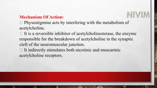 Mechanism Of Action:
Physostigmine acts by interfering with the metabolism of
acetylcholine.
It is a reversible inhibitor of acetylcholinesterase, the enzyme
responsible for the breakdown of acetylcholine in the synaptic
cleft of the neuromuscular junction.
It indirectly stimulates both nicotinic and muscarinic
acetylcholine receptors.
 