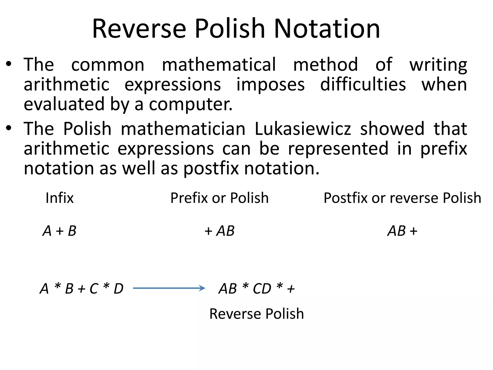 Reverse Polish Notation
• The common mathematical method of writing
arithmetic expressions imposes difficulties when
evaluated by a computer.
• The Polish mathematician Lukasiewicz showed that
arithmetic expressions can be represented in prefix
notation as well as postfix notation.
A + B + AB AB +
Infix Prefix or Polish Postfix or reverse Polish
A * B + C * D AB * CD * +
Reverse Polish
 