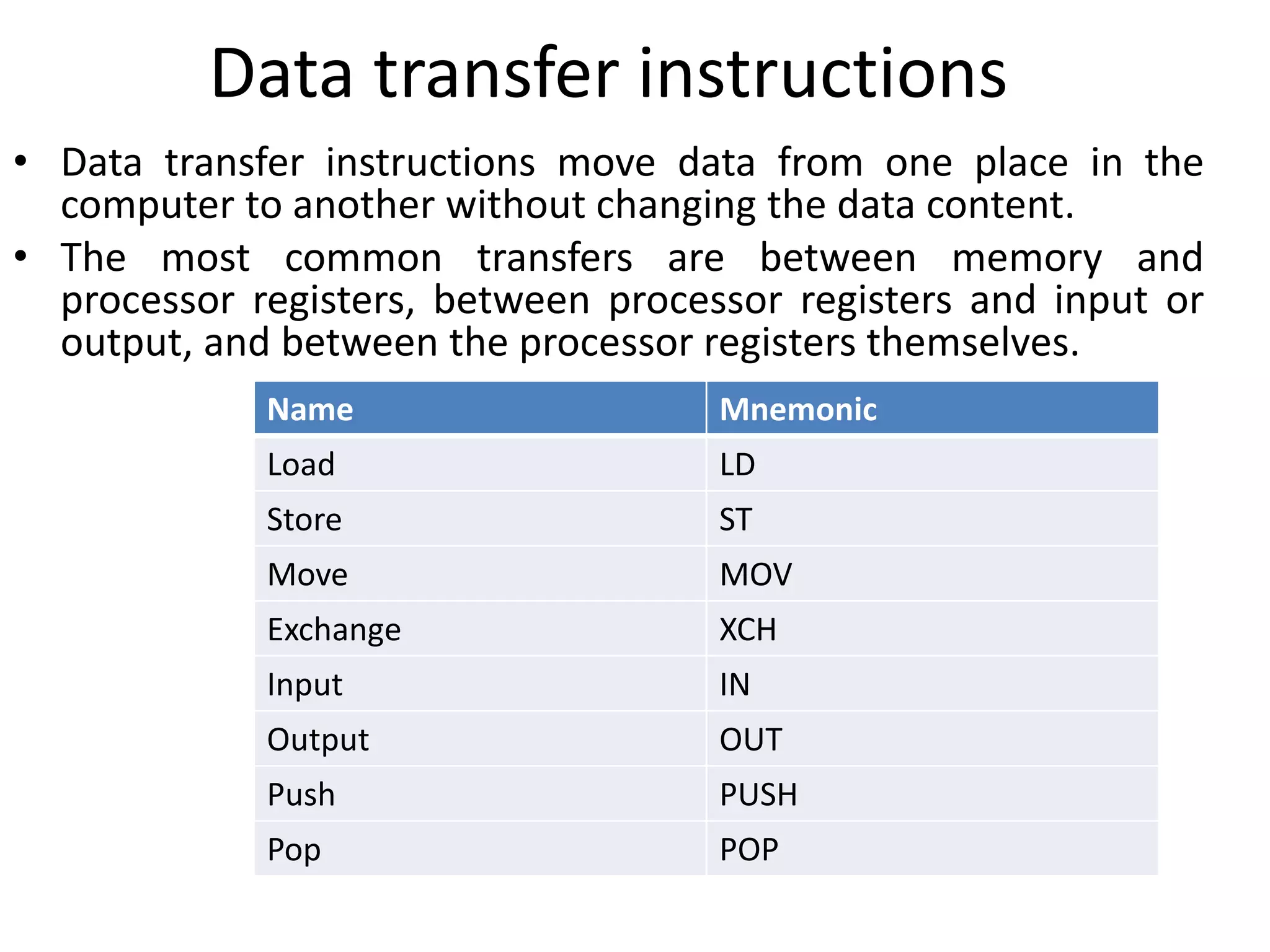 Data transfer instructions
• Data transfer instructions move data from one place in the
computer to another without changing the data content.
• The most common transfers are between memory and
processor registers, between processor registers and input or
output, and between the processor registers themselves.
Name Mnemonic
Load LD
Store ST
Move MOV
Exchange XCH
Input IN
Output OUT
Push PUSH
Pop POP
 