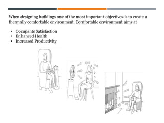 When designing buildings one of the most important objectives is to create a
thermally comfortable environment. Comfortable environment aims at
• Occupants Satisfaction
• Enhanced Health
• Increased Productivity
 