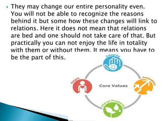  They may change our entire personality even.
You will not be able to recognize the reasons
behind it but some how these changes will link to
relations. Here it does not mean that relations
are bed and one should not take care of that. But
practically you can not enjoy the life in totality
with them or without them. It means you have to
be the part of this.
 
