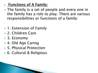  Functions of A Family:
 The family is a set of people and every one in
the family has a role to play. There are various
responsibilities or functions of a family:
 1. Extension of Family
 2. Children Care
 3. Economy
 4. Old Age Caring
 5. Physical Protection
 6. Cultural & Religious
 