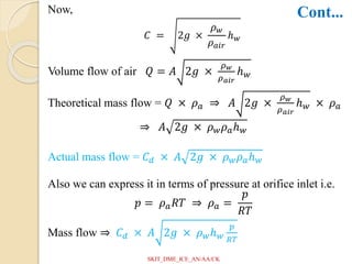 Now,
𝐶 = 2𝑔 ×
𝜌𝑤
𝜌𝑎𝑖𝑟
ℎ𝑤
Volume flow of air 𝑄 = 𝐴 2𝑔 ×
𝜌𝑤
𝜌𝑎𝑖𝑟
ℎ𝑤
Theoretical mass flow = 𝑄 × 𝜌𝑎 ⇒ 𝐴 2𝑔 ×
𝜌𝑤
𝜌𝑎𝑖𝑟
ℎ𝑤 × 𝜌𝑎
⇒ 𝐴 2𝑔 × 𝜌𝑤𝜌𝑎ℎ𝑤
Actual mass flow = 𝐶𝑑 × 𝐴 2𝑔 × 𝜌𝑤𝜌𝑎ℎ𝑤
Also we can express it in terms of pressure at orifice inlet i.e.
𝑝 = 𝜌𝑎𝑅𝑇 ⇒ 𝜌𝑎 =
𝑝
𝑅𝑇
Mass flow ⇒ 𝐶𝑑 × 𝐴 2𝑔 × 𝜌𝑤ℎ𝑤
𝑝
𝑅𝑇
Cont...
SKIT_DME_ICE_AN/AA/CK
 