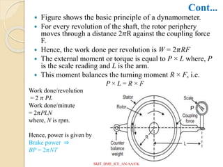  Figure shows the basic principle of a dynamometer.
 For every revolution of the shaft, the rotor periphery
moves through a distance 2𝜋R against the coupling force
F.
 Hence, the work done per revolution is W = 2𝜋RF
 The external moment or torque is equal to P × L where, P
is the scale reading and L is the arm.
 This moment balances the turning moment R × F, i.e.
P × L = R × F
Work done/revolution
= 2 𝜋 𝑃L
Work done/minute
= 2𝜋PLN
where, N is rpm.
Hence, power is given by
Brake power ⇒
BP = 2𝜋NT
P
Cont...
SKIT_DME_ICE_AN/AA/CK
 