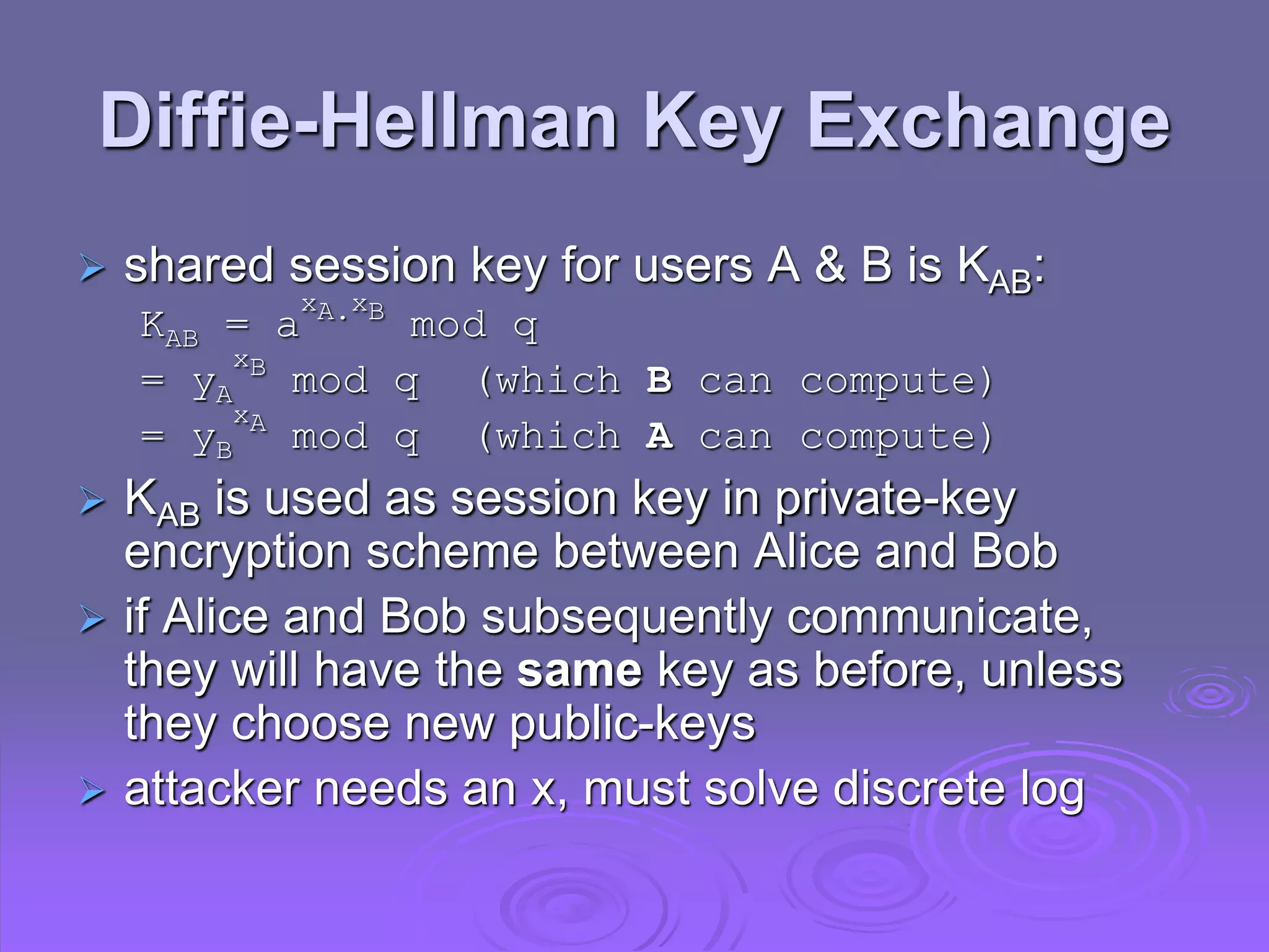 Diffie-Hellman Key Exchange
 shared session key for users A & B is KAB:
KAB = a
xA.xB
mod q
= yA
xB
mod q (which B can compute)
= yB
xA
mod q (which A can compute)
 KAB is used as session key in private-key
encryption scheme between Alice and Bob
 if Alice and Bob subsequently communicate,
they will have the same key as before, unless
they choose new public-keys
 attacker needs an x, must solve discrete log
 