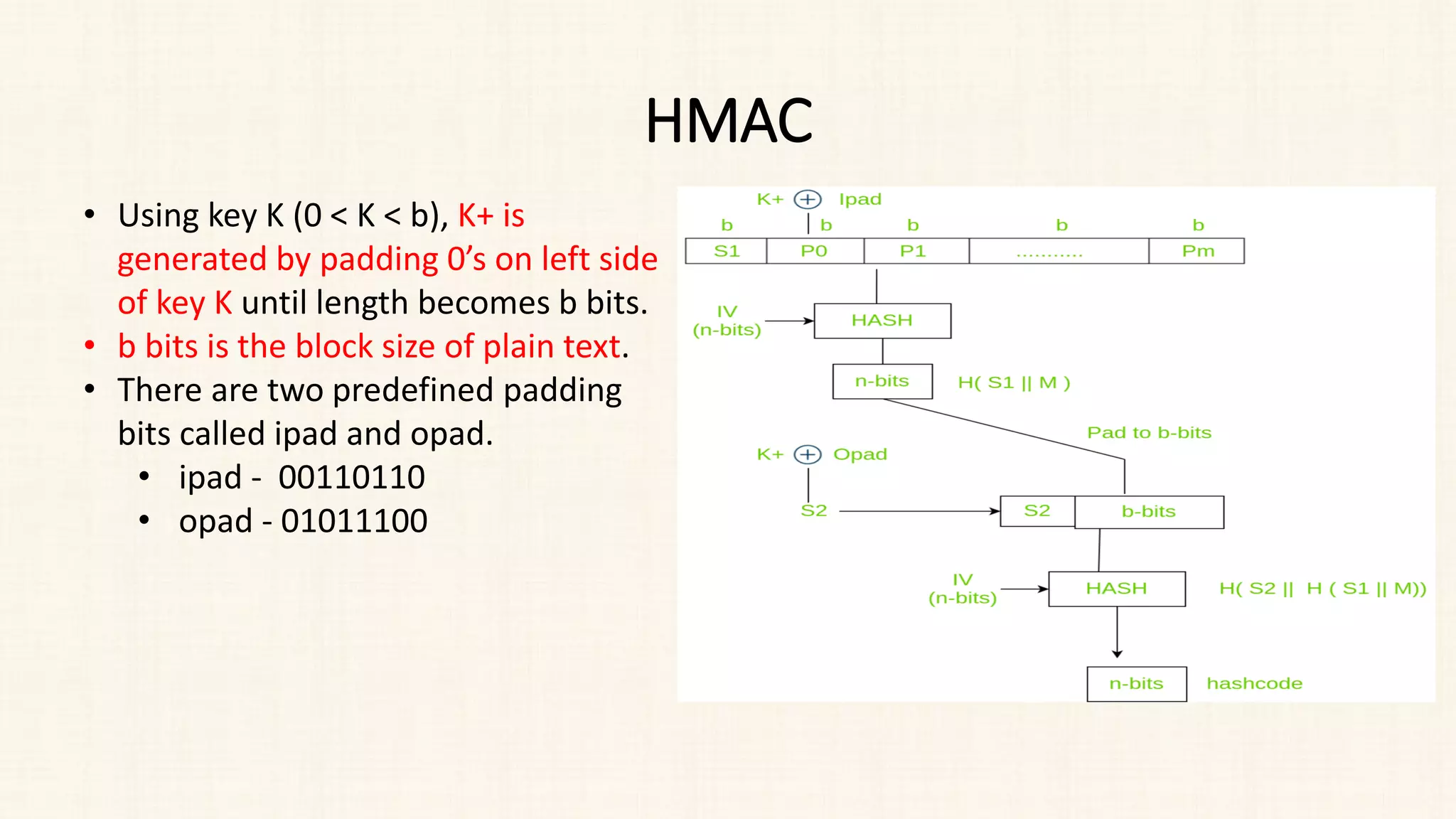 HMAC
• Using key K (0 < K < b), K+ is
generated by padding 0’s on left side
of key K until length becomes b bits.
• b bits is the block size of plain text.
• There are two predefined padding
bits called ipad and opad.
• ipad - 00110110
• opad - 01011100
 