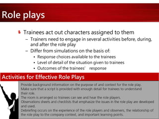 Role plays
Trainees act out characters assigned to them
– Trainers need to engage in several activities before, during,
and after the role play
– Differ from simulations on the basis of:
• Response choices available to the trainees
• Level of detail of the situation given to trainees
• Outcomes of the trainees’ response
Activities for Effective Role Plays
 