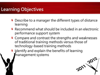 Learning Objectives
Describe to a manager the different types of distance
learning
Recommend what should be included in an electronic
performance support system
Compare and contrast the strengths and weaknesses
of traditional training methods versus those of
technology-based training methods
Identify and explain the benefits of learning
management systems
 