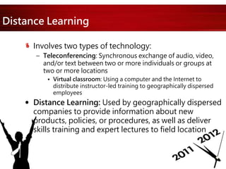 Distance Learning
Involves two types of technology:
– Teleconferencing: Synchronous exchange of audio, video,
and/or text between two or more individuals or groups at
two or more locations
• Virtual classroom: Using a computer and the Internet to
distribute instructor-led training to geographically dispersed
employees
 Distance Learning: Used by geographically dispersed
companies to provide information about new
products, policies, or procedures, as well as deliver
skills training and expert lectures to field location
 