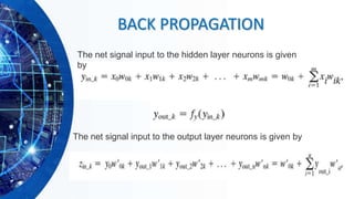BACK PROPAGATION
The net signal input to the hidden layer neurons is given
by
The net signal input to the output layer neurons is given by
 