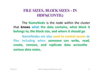 2023/5/13 SHEAT CSE/Big Data/KCS061/Unit-III/BJ 11
FILE SIZES, BLOCKSIZES - IN
HDFS(CONTD.)
The NameNode is the node within the cluster
that knows what the data contains, what block it
belongs to, the block size, and where it should go.
NameNodes are also used to control access to
can write, read,
data acrossthe
files including when someone
create, remove, and replicate
various data notes.
 