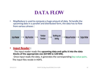 DATA FLOW
• MapReduce is used to compute a huge amount of data. To handle the
upcoming data in a parallel and distributed form, the data has to flow
from various phases :
• Input Reader :
The input reader reads the upcoming data and splits it into the data
blocks of the appropriate size (64 MB to 128 MB).
Once input reads the data, it generates the corresponding key-value pairs.
The input files reside in HDFS.
2023/5/13 SHEAT CSE/Big Data/KCS061/Unit-III/BJ 32
 
