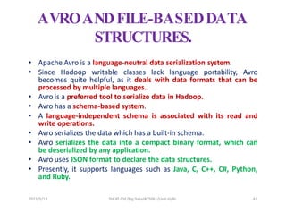 AVROANDFILE-BASEDDATA
STRUCTURES.
• Apache Avro is a language-neutral data serialization system.
• Since Hadoop writable classes lack language portability, Avro
becomes quite helpful, as it deals with data formats that can be
processed by multiple languages.
• Avro is a preferred tool to serialize data in Hadoop.
• Avro has a schema-based system.
• A language-independent schema is associated with its read and
write operations.
• Avro serializes the data which has a built-in schema.
• Avro serializes the data into a compact binary format, which can
be deserialized by any application.
• Avro uses JSON format to declare the data structures.
• Presently, it supports languages such as Java, C, C++, C#, Python,
and Ruby.
2023/5/13 SHEAT CSE/Big Data/KCS061/Unit-III/BJ 41
 
