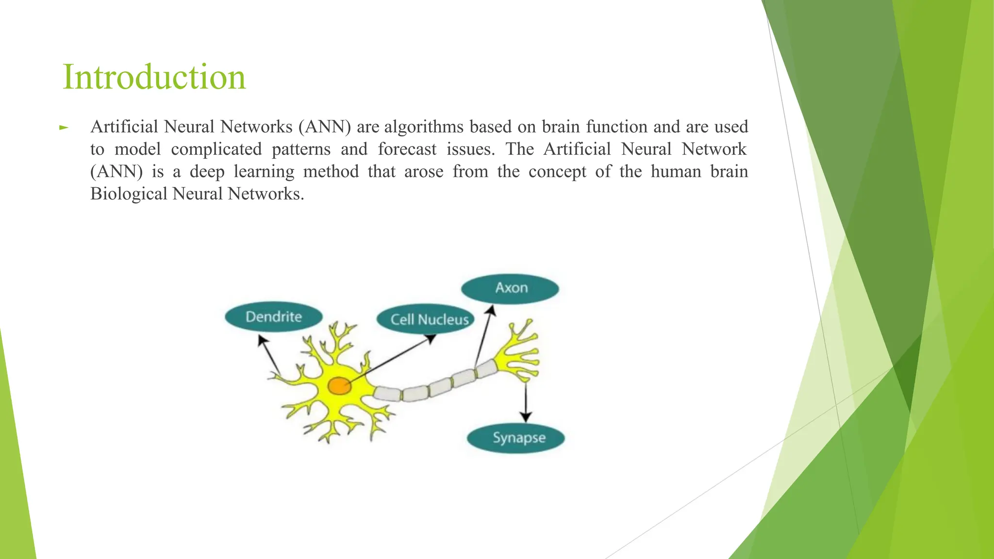 Introduction ► Artificial Neural Networks (ANN) are algorithms based on brain function and are used to model complicated patterns and forecast issues. The Artificial Neural Network (ANN) is a deep learning method that arose from the concept of the human brain Biological Neural Networks. 