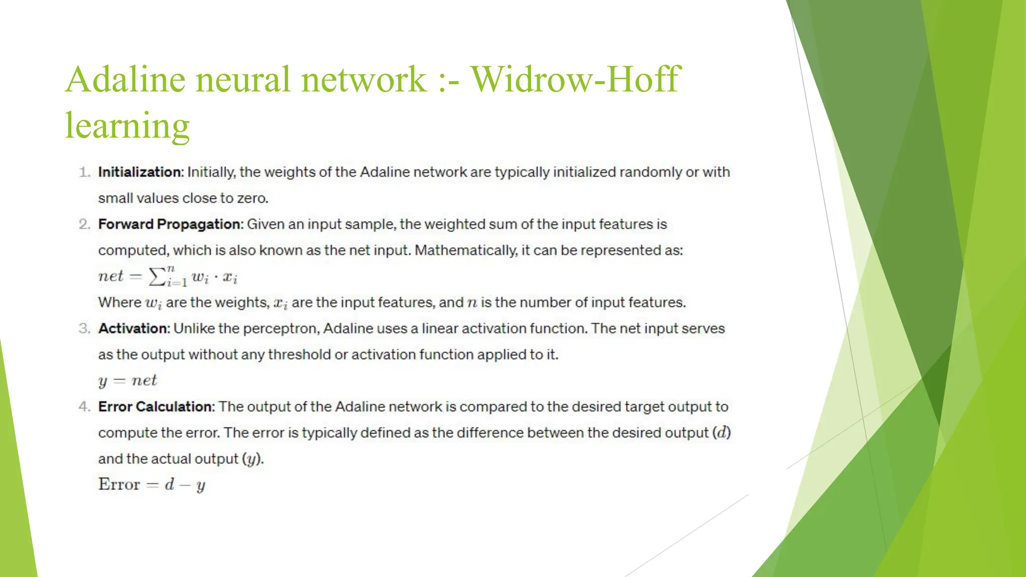 Adaline neural network :- Widrow-Hoff learning 