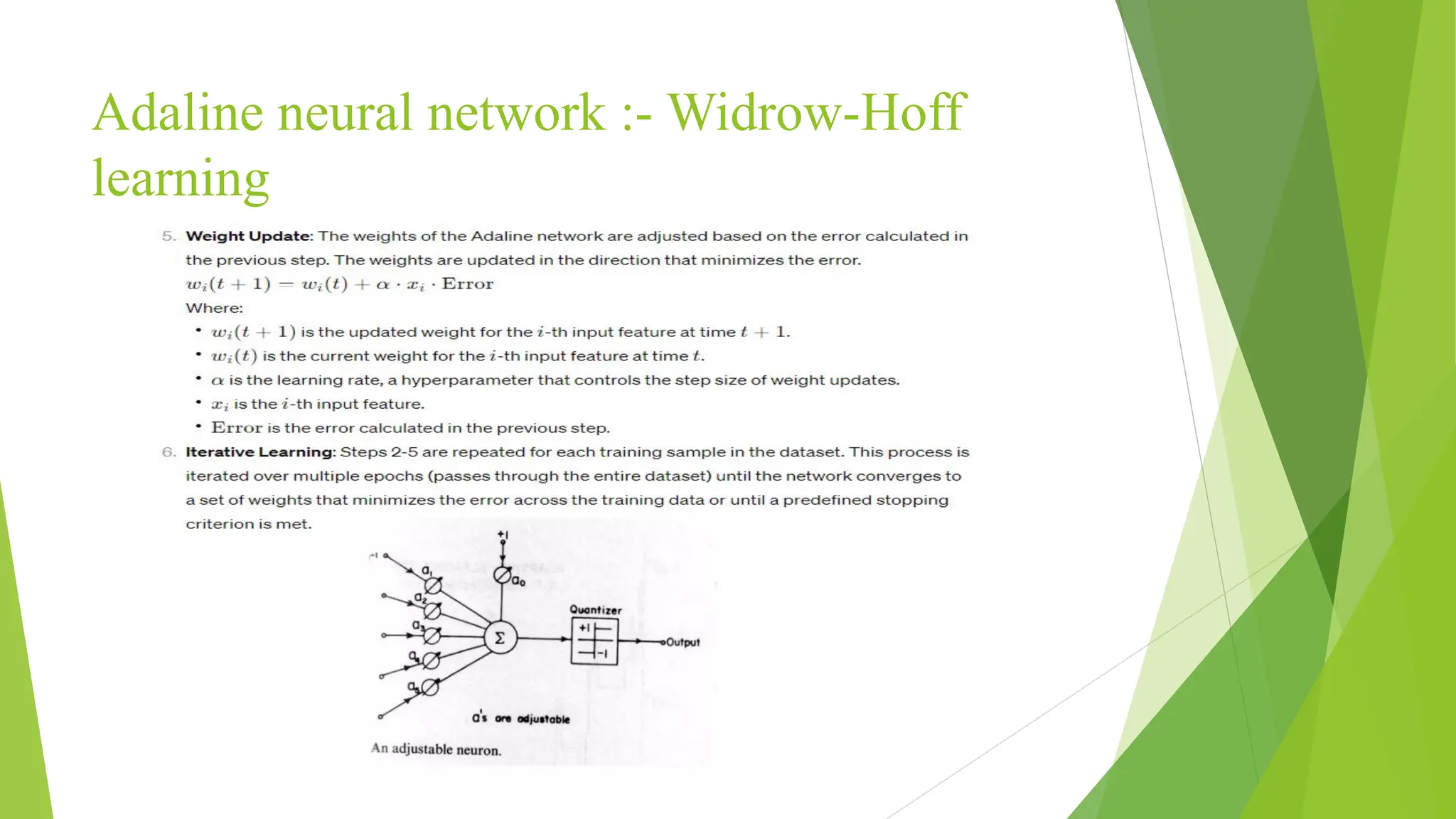 Adaline neural network :- Widrow-Hoff learning 