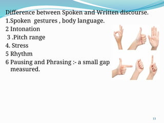 13
Difference between Spoken and Written discourse.
1.Spoken gestures , body language.
2 Intonation
3 .Pitch range
4. Stress
5 Rhythm
6 Pausing and Phrasing :- a small gap difficult to be
measured.
 