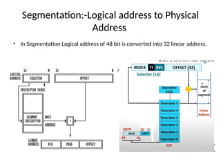 Segmentation:-Logical address to Physical
Address
• In Segmentation Logical address of 48 bit is converted into 32 linear address.
 