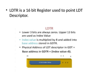 • LDTR is a 16 bit Register used to point LDT
Descriptor.
 