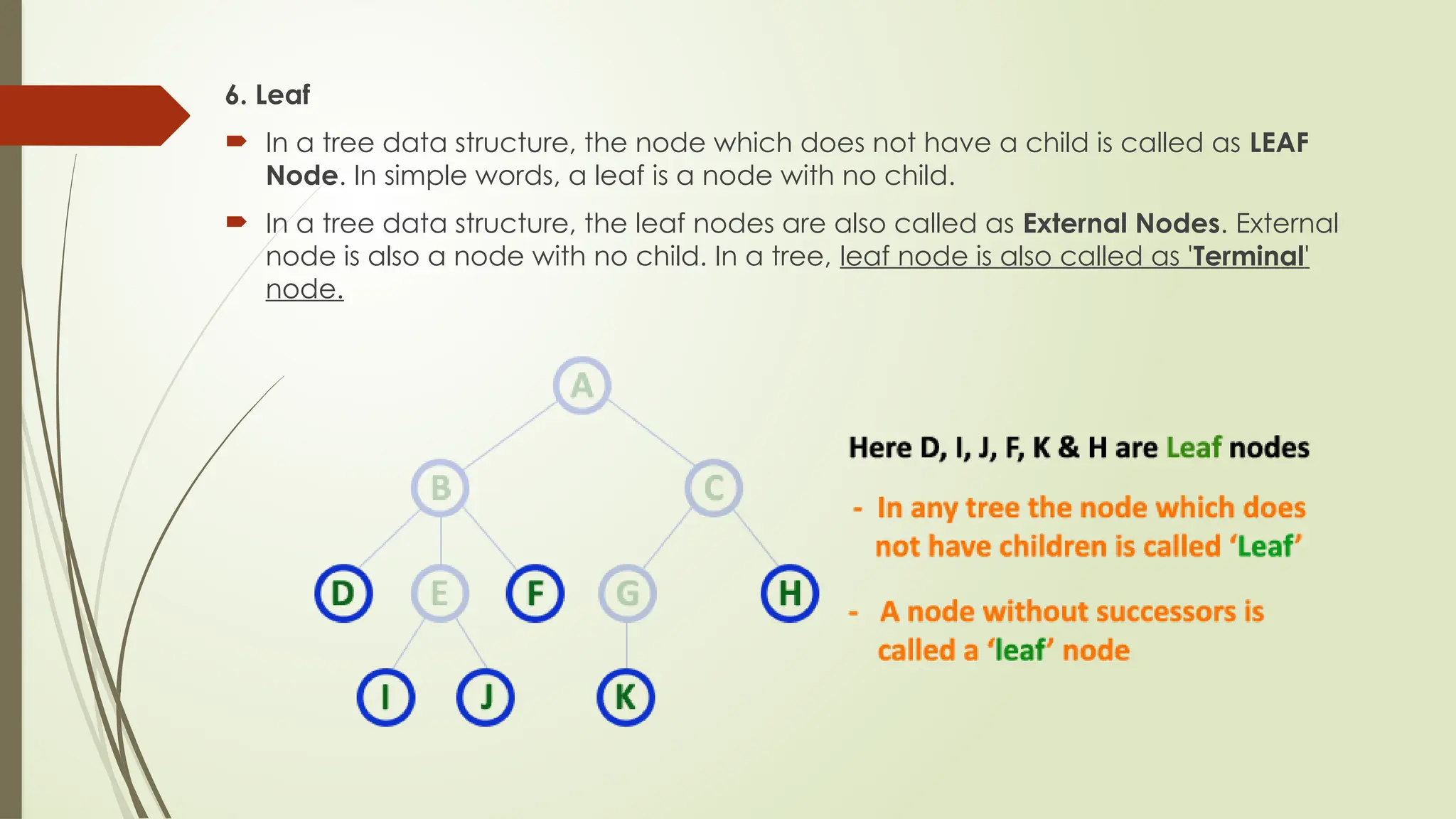 6. Leaf
 In a tree data structure, the node which does not have a child is called as LEAF
Node. In simple words, a leaf is a node with no child.
 In a tree data structure, the leaf nodes are also called as External Nodes. External
node is also a node with no child. In a tree, leaf node is also called as 'Terminal'
node.
 