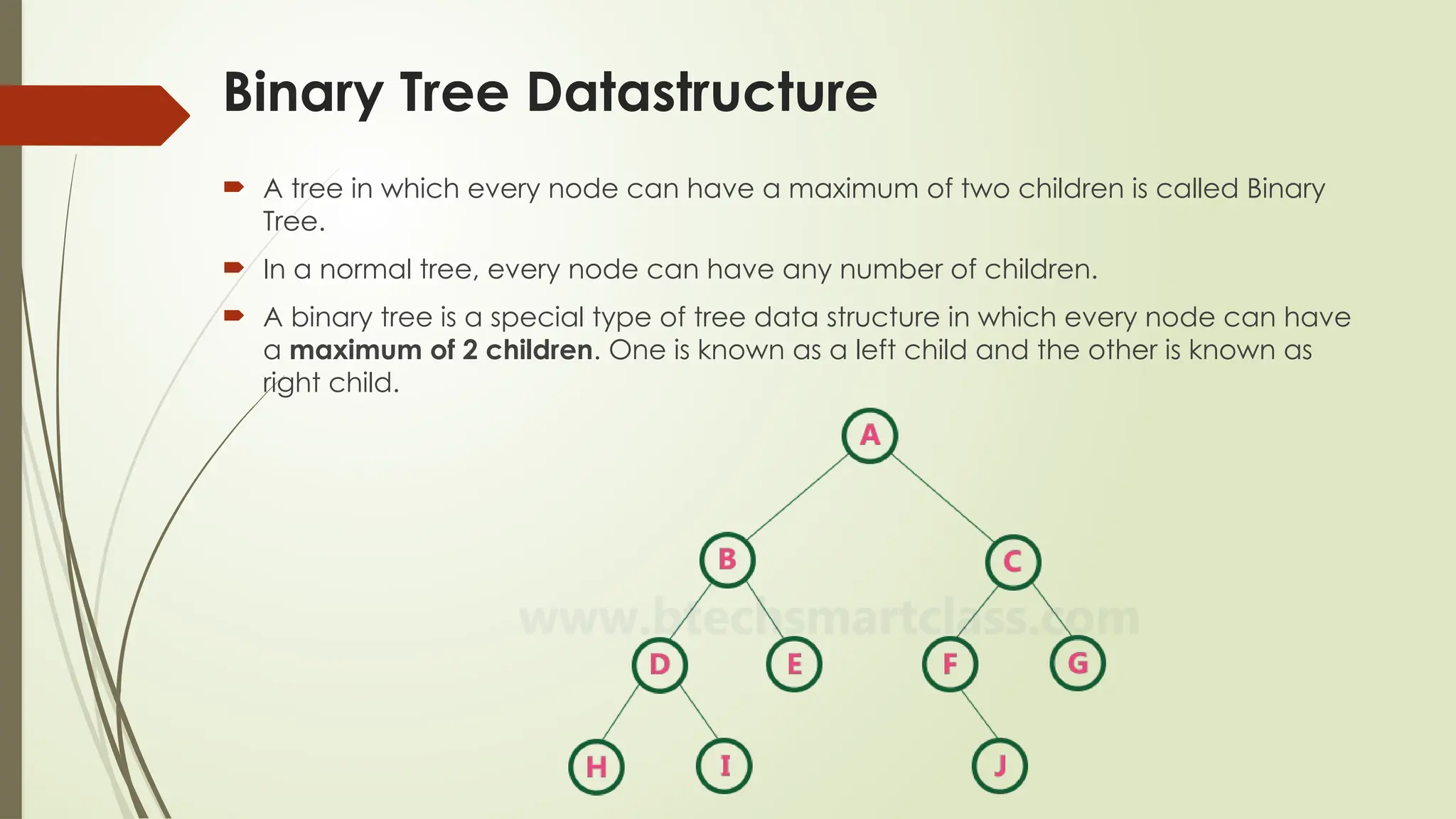 Binary Tree Datastructure
 A tree in which every node can have a maximum of two children is called Binary
Tree.
 In a normal tree, every node can have any number of children.
 A binary tree is a special type of tree data structure in which every node can have
a maximum of 2 children. One is known as a left child and the other is known as
right child.
 
