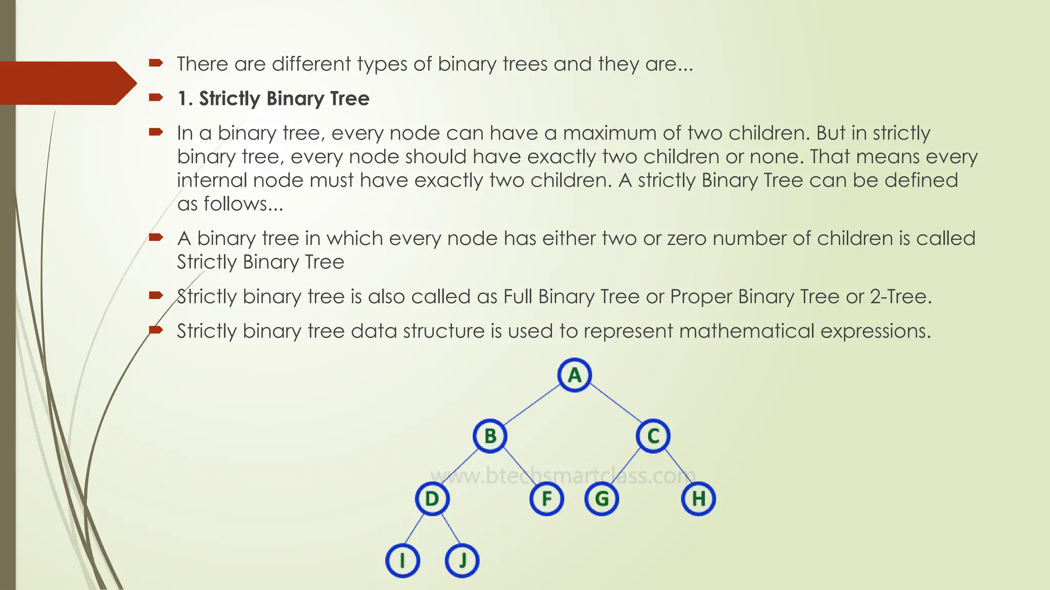  There are different types of binary trees and they are...
 1. Strictly Binary Tree
 In a binary tree, every node can have a maximum of two children. But in strictly
binary tree, every node should have exactly two children or none. That means every
internal node must have exactly two children. A strictly Binary Tree can be defined
as follows...
 A binary tree in which every node has either two or zero number of children is called
Strictly Binary Tree
 Strictly binary tree is also called as Full Binary Tree or Proper Binary Tree or 2-Tree.
 Strictly binary tree data structure is used to represent mathematical expressions.
 