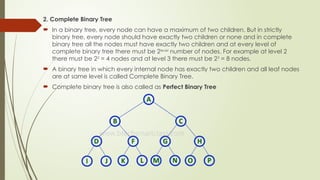 2. Complete Binary Tree
 In a binary tree, every node can have a maximum of two children. But in strictly
binary tree, every node should have exactly two children or none and in complete
binary tree all the nodes must have exactly two children and at every level of
complete binary tree there must be 2level
number of nodes. For example at level 2
there must be 22
= 4 nodes and at level 3 there must be 23
= 8 nodes.
 A binary tree in which every internal node has exactly two children and all leaf nodes
are at same level is called Complete Binary Tree.
 Complete binary tree is also called as Perfect Binary Tree
 