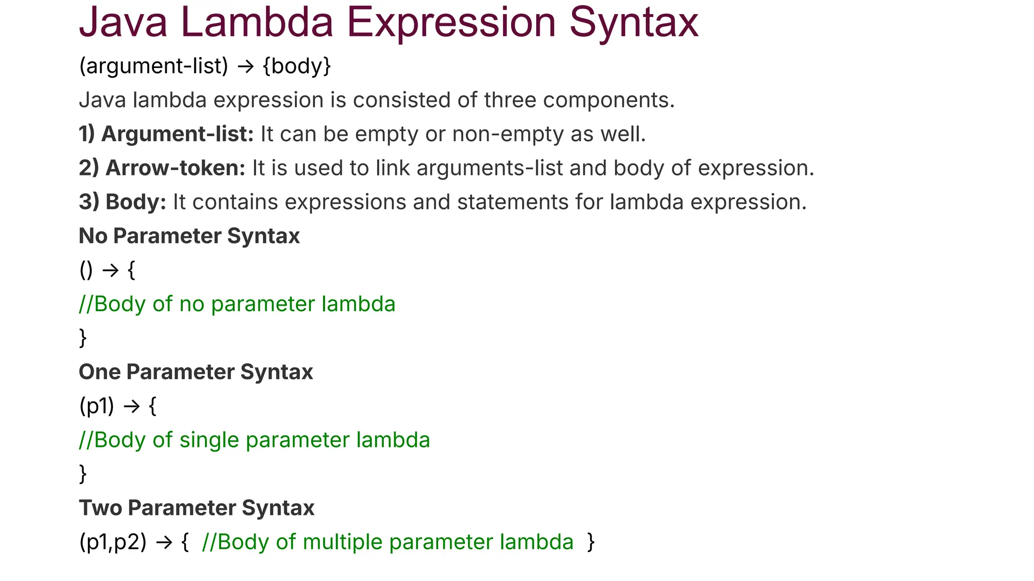 Java Lambda Expression Syntax
(argument-list) → {body}
Java lambda expression is consisted of three components.
1 Argument-list: It can be empty or non-empty as well.
2 Arrow-token: It is used to link arguments-list and body of expression.
3 Body: It contains expressions and statements for lambda expression.
No Parameter Syntax
() → {
//Body of no parameter lambda
}
One Parameter Syntax
(p1) → {
//Body of single parameter lambda
}
Two Parameter Syntax
(p1,p2) → { //Body of multiple parameter lambda }
 