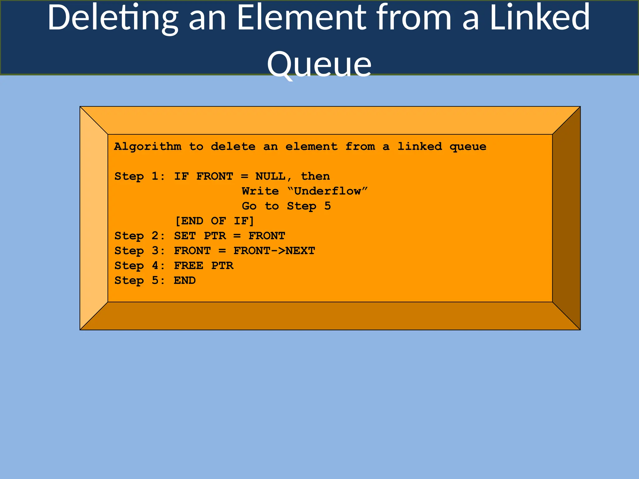 Deleting an Element from a Linked
Queue
Algorithm to delete an element from a linked queue
Step 1: IF FRONT = NULL, then
Write “Underflow”
Go to Step 5
[END OF IF]
Step 2: SET PTR = FRONT
Step 3: FRONT = FRONT->NEXT
Step 4: FREE PTR
Step 5: END
 