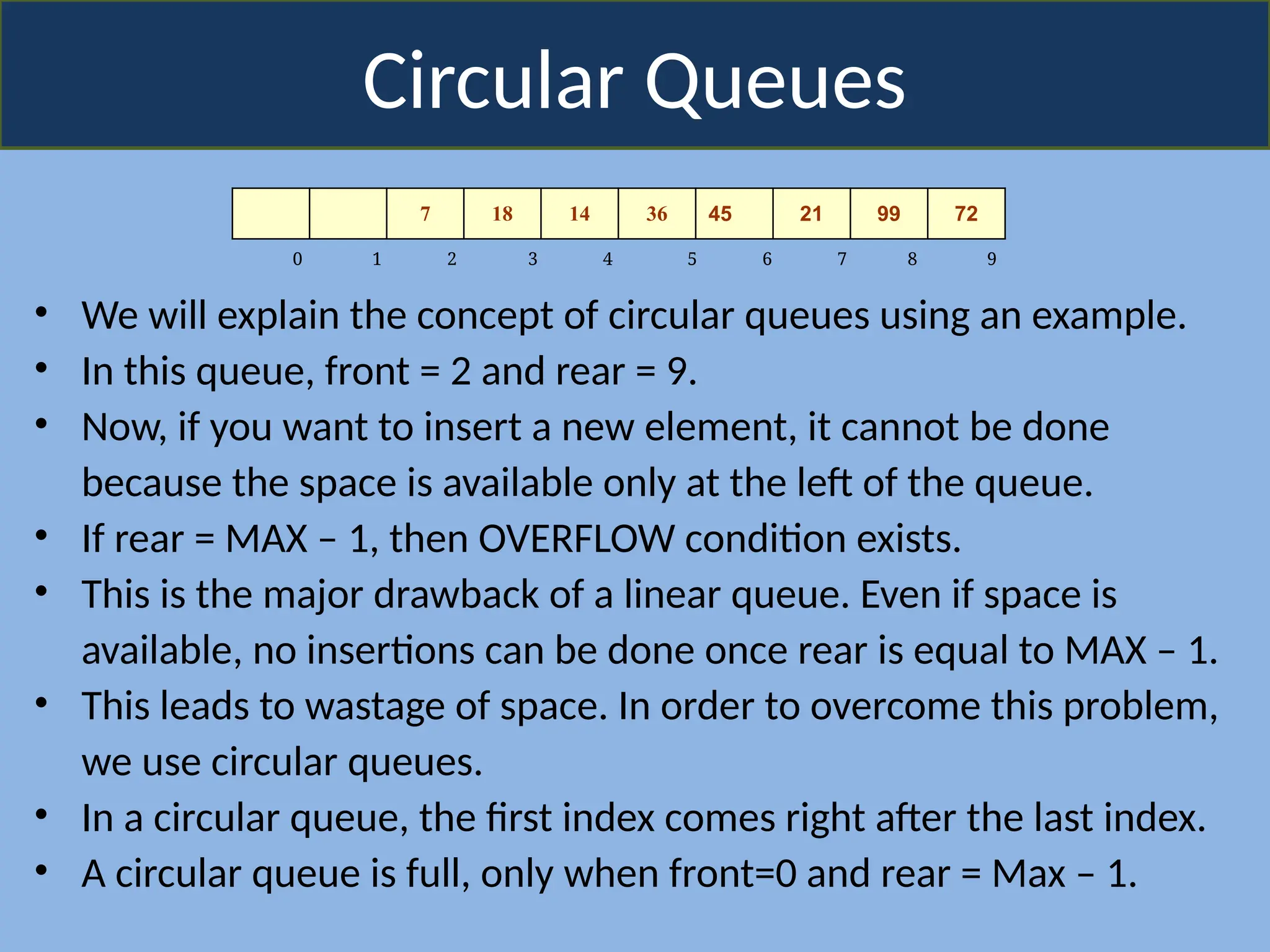 Circular Queues
7 18 14 36 45 21 99 72
0 1 2 3 4 5 6 7 8 9
• We will explain the concept of circular queues using an example.
• In this queue, front = 2 and rear = 9.
• Now, if you want to insert a new element, it cannot be done
because the space is available only at the left of the queue.
• If rear = MAX – 1, then OVERFLOW condition exists.
• This is the major drawback of a linear queue. Even if space is
available, no insertions can be done once rear is equal to MAX – 1.
• This leads to wastage of space. In order to overcome this problem,
we use circular queues.
• In a circular queue, the first index comes right after the last index.
• A circular queue is full, only when front=0 and rear = Max – 1.
 