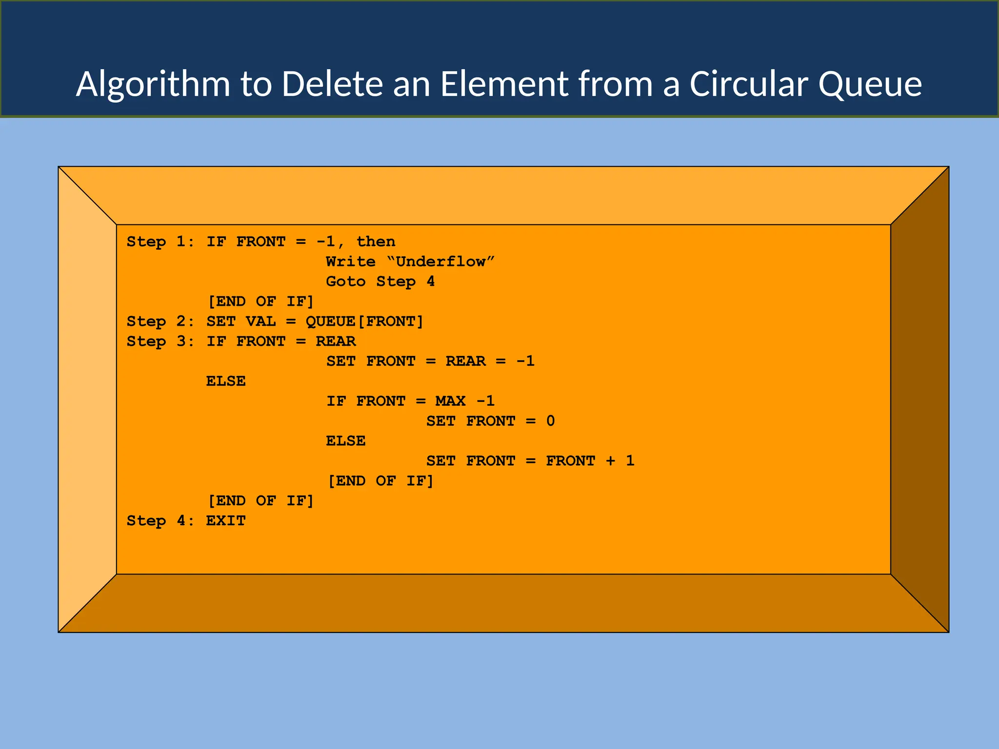 Algorithm to Delete an Element from a Circular Queue
Step 1: IF FRONT = -1, then
Write “Underflow”
Goto Step 4
[END OF IF]
Step 2: SET VAL = QUEUE[FRONT]
Step 3: IF FRONT = REAR
SET FRONT = REAR = -1
ELSE
IF FRONT = MAX -1
SET FRONT = 0
ELSE
SET FRONT = FRONT + 1
[END OF IF]
[END OF IF]
Step 4: EXIT
 