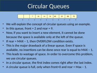 Circular Queues
7 18 14 36 45 21 99 72
0 1 2 3 4 5 6 7 8 9
• We will explain the concept of circular queues using an example.
• In this queue, front = 2 and rear = 9.
• Now, if you want to insert a new element, it cannot be done
because the space is available only at the left of the queue.
• If rear = MAX – 1, then OVERFLOW condition exists.
• This is the major drawback of a linear queue. Even if space is
available, no insertions can be done once rear is equal to MAX – 1.
• This leads to wastage of space. In order to overcome this problem,
we use circular queues.
• In a circular queue, the first index comes right after the last index.
• A circular queue is full, only when front=0 and rear = Max – 1.
 