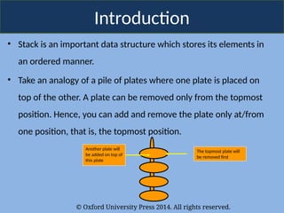 © Oxford University Press 2014. All rights reserved.
Introduction
• Stack is an important data structure which stores its elements in
an ordered manner.
• Take an analogy of a pile of plates where one plate is placed on
top of the other. A plate can be removed only from the topmost
position. Hence, you can add and remove the plate only at/from
one position, that is, the topmost position.
The topmost plate will
be removed first
Another plate will
be added on top of
this plate
 