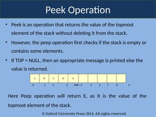 © Oxford University Press 2014. All rights reserved.
Peek Operation
• Peek is an operation that returns the value of the topmost
element of the stack without deleting it from the stack.
• However, the peep operation first checks if the stack is empty or
contains some elements.
• If TOP = NULL, then an appropriate message is printed else the
value is returned.
A B C D E
0 1 2 3 TOP = 4 5 6 7 8 9
Here Peep operation will return E, as it is the value of the
topmost element of the stack.
 