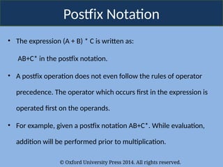 © Oxford University Press 2014. All rights reserved.
Postfix Notation
• The expression (A + B) * C is written as:
AB+C* in the postfix notation.
• A postfix operation does not even follow the rules of operator
precedence. The operator which occurs first in the expression is
operated first on the operands.
• For example, given a postfix notation AB+C*. While evaluation,
addition will be performed prior to multiplication.
 
