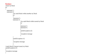 Syntax:
//main try block
try
{
statement 1;
statement 2;
//try catch block within another try block
try
{
statement 3;
statement 4;
//try catch block within nested try block
try
{
statement 5;
statement 6;
}
catch(Exception e2)
{
//exception message
}
}
catch(Exception e1)
{
//exception message
}
}
//catch block of parent (outer) try block
catch(Exception e3)
{
//exception message
}
 