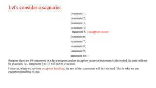 Let's consider a scenario:
statement 1;
statement 2;
statement 3;
statement 4;
statement 5; //exception occurs
statement 6;
statement 7;
statement 8;
statement 9;
statement 10;
Suppose there are 10 statements in a Java program and an exception occurs at statement 5; the rest of the code will not
be executed, i.e., statements 6 to 10 will not be executed.
However, when we perform exception handling, the rest of the statements will be executed. That is why we use
exception handling in java.
 