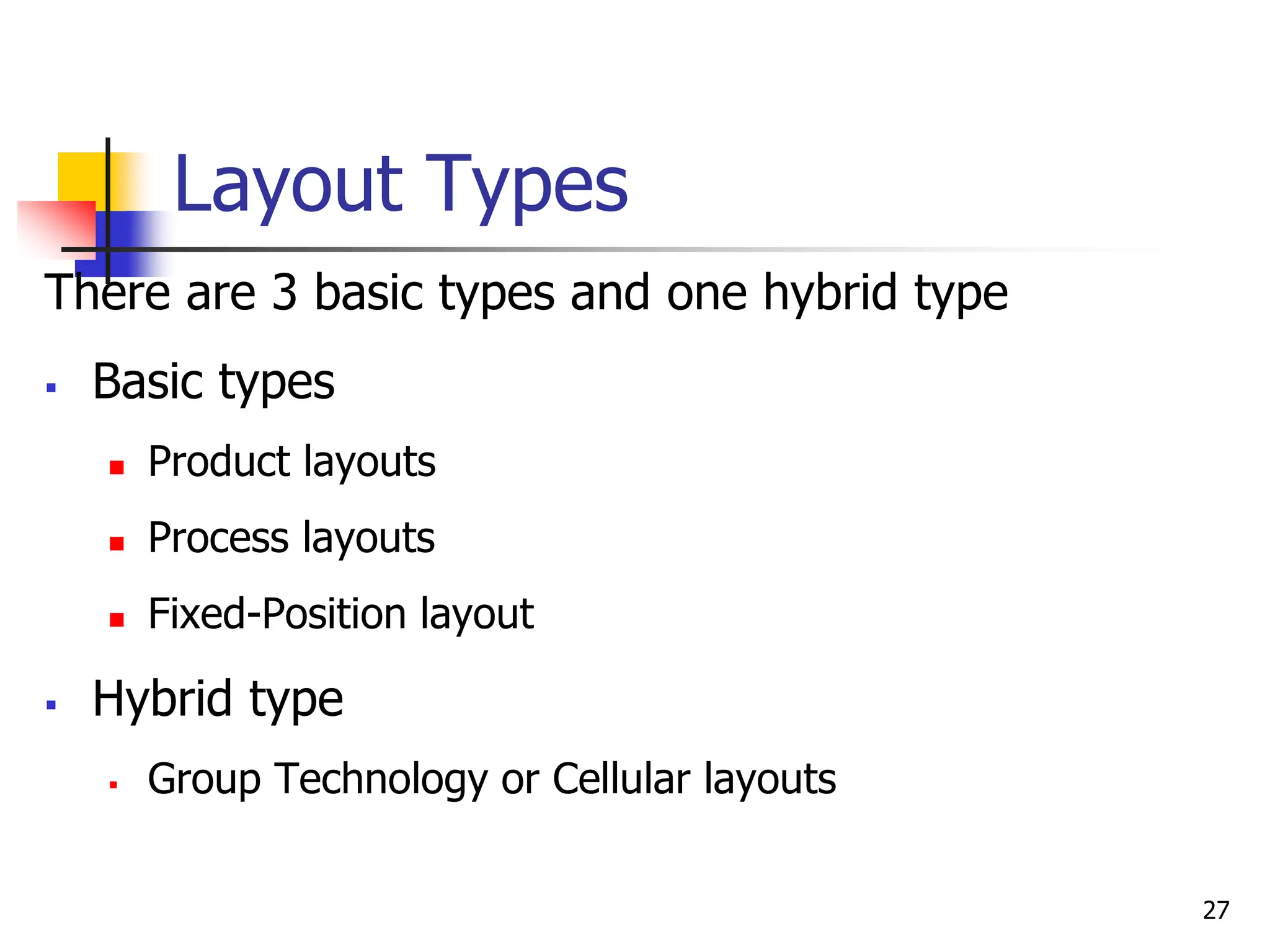 Layout Types
There are 3 basic types and one hybrid type
 Basic types
 Product layouts
 Process layouts
 Fixed-Position layout
 Hybrid type
 Group Technology or Cellular layouts
27
 