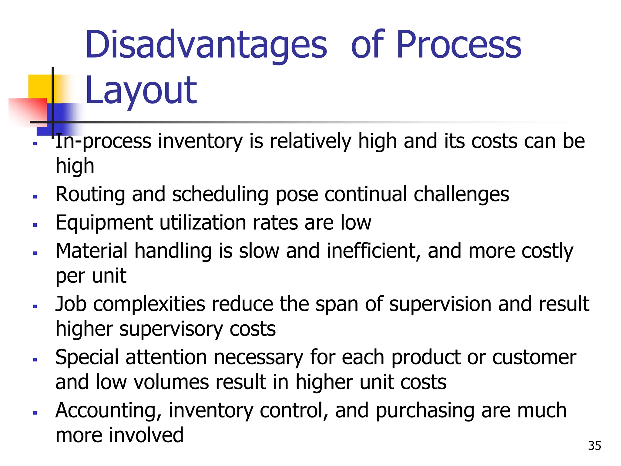 Disadvantages of Process
Layout
 In-process inventory is relatively high and its costs can be
high
 Routing and scheduling pose continual challenges
 Equipment utilization rates are low
 Material handling is slow and inefficient, and more costly
per unit
 Job complexities reduce the span of supervision and result
higher supervisory costs
 Special attention necessary for each product or customer
and low volumes result in higher unit costs
 Accounting, inventory control, and purchasing are much
more involved 35
 