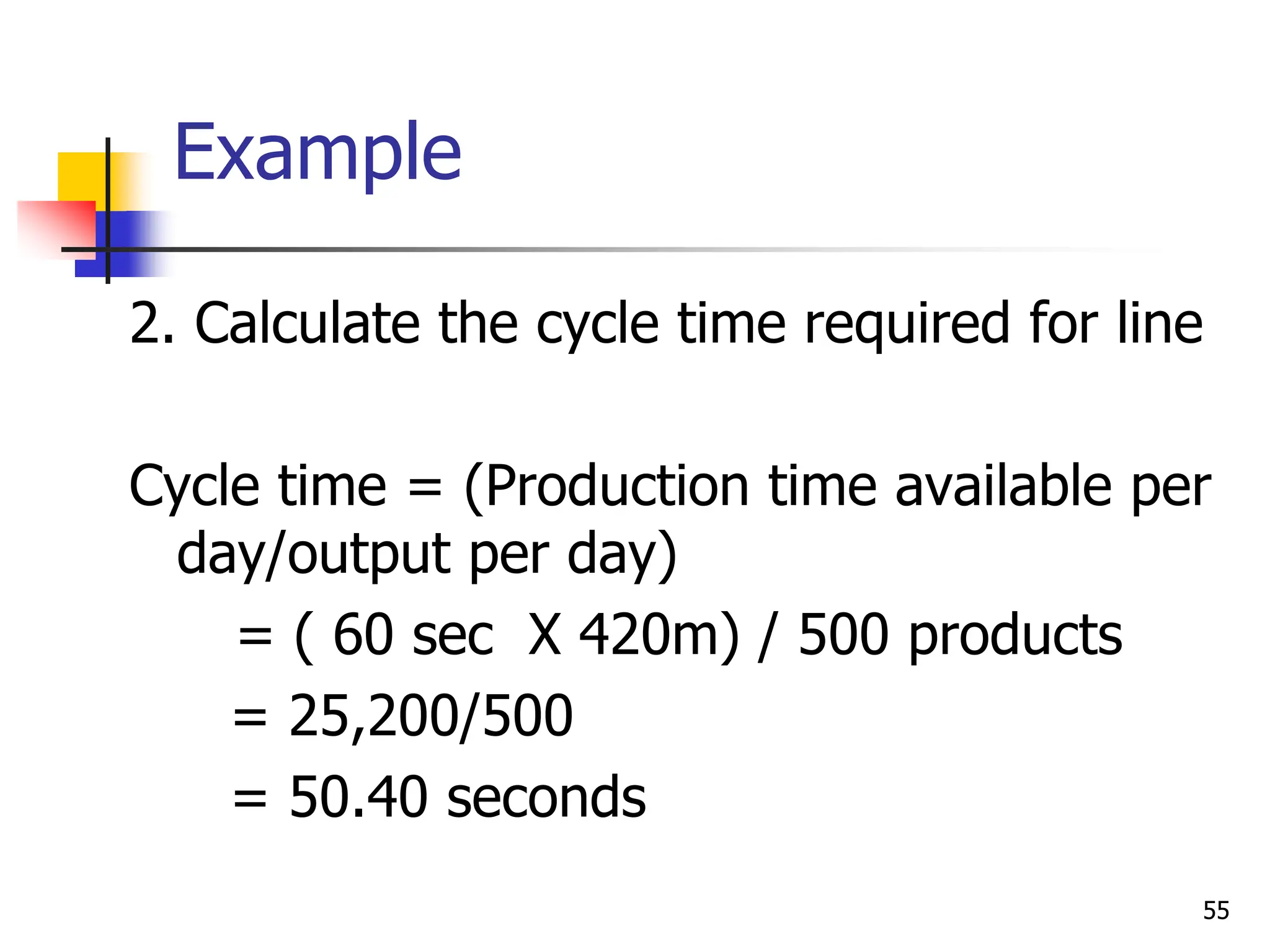 Example
2. Calculate the cycle time required for line
Cycle time = (Production time available per
day/output per day)
= ( 60 sec X 420m) / 500 products
= 25,200/500
= 50.40 seconds
55
 