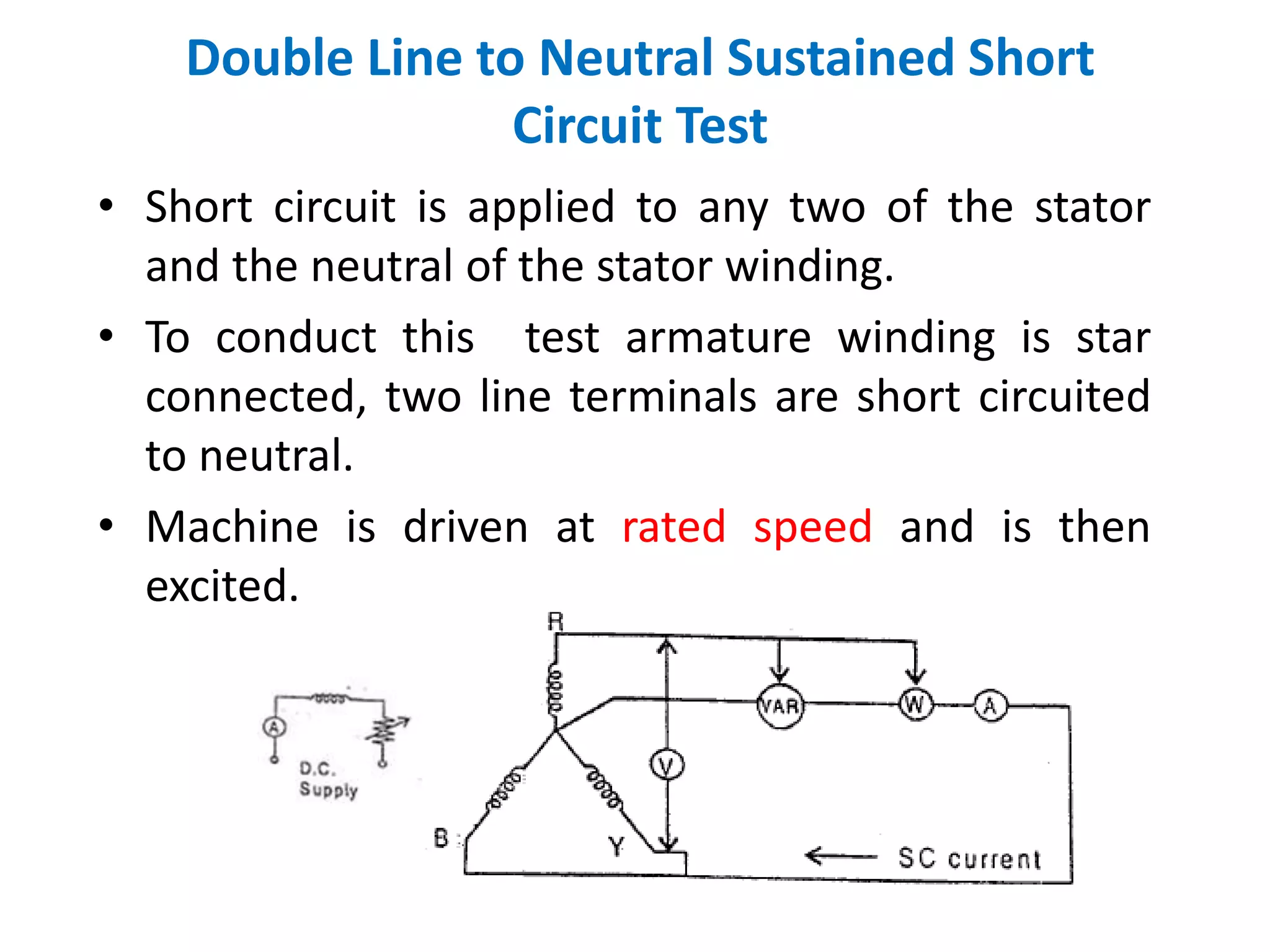 • Short circuit is applied to any two of the stator
and the neutral of the stator winding.
• To conduct this test armature winding is star
connected, two line terminals are short circuited
to neutral.
• Machine is driven at rated speed and is then
excited.
Double Line to Neutral Sustained Short
Circuit Test
 