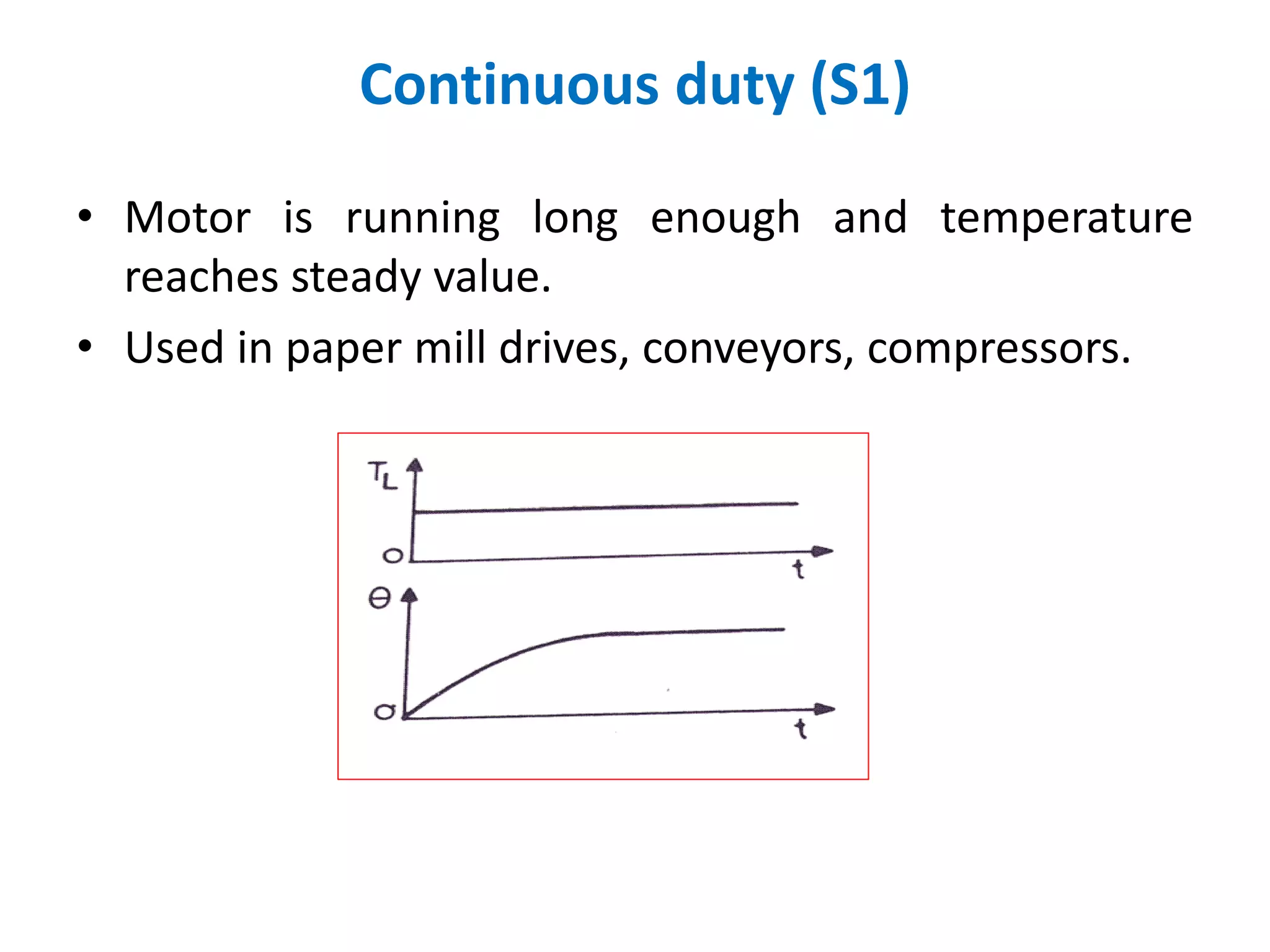 Continuous duty (S1)
• Motor is running long enough and temperature
reaches steady value.
• Used in paper mill drives, conveyors, compressors.
 