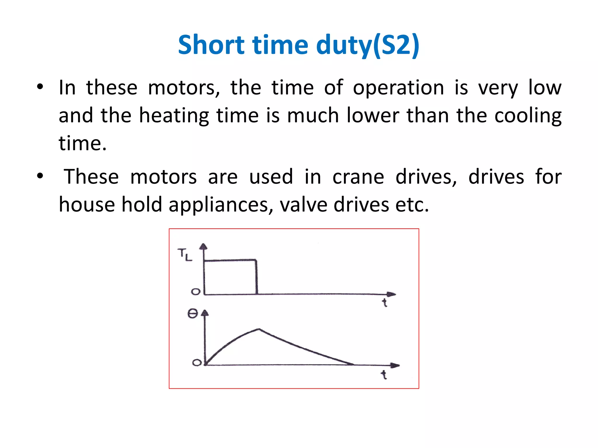 Short time duty(S2)
• In these motors, the time of operation is very low
and the heating time is much lower than the cooling
time.
• These motors are used in crane drives, drives for
house hold appliances, valve drives etc.
 